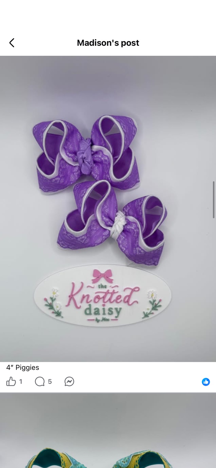 Purple lace piggie bows from The Knotted Daisy Bowtique